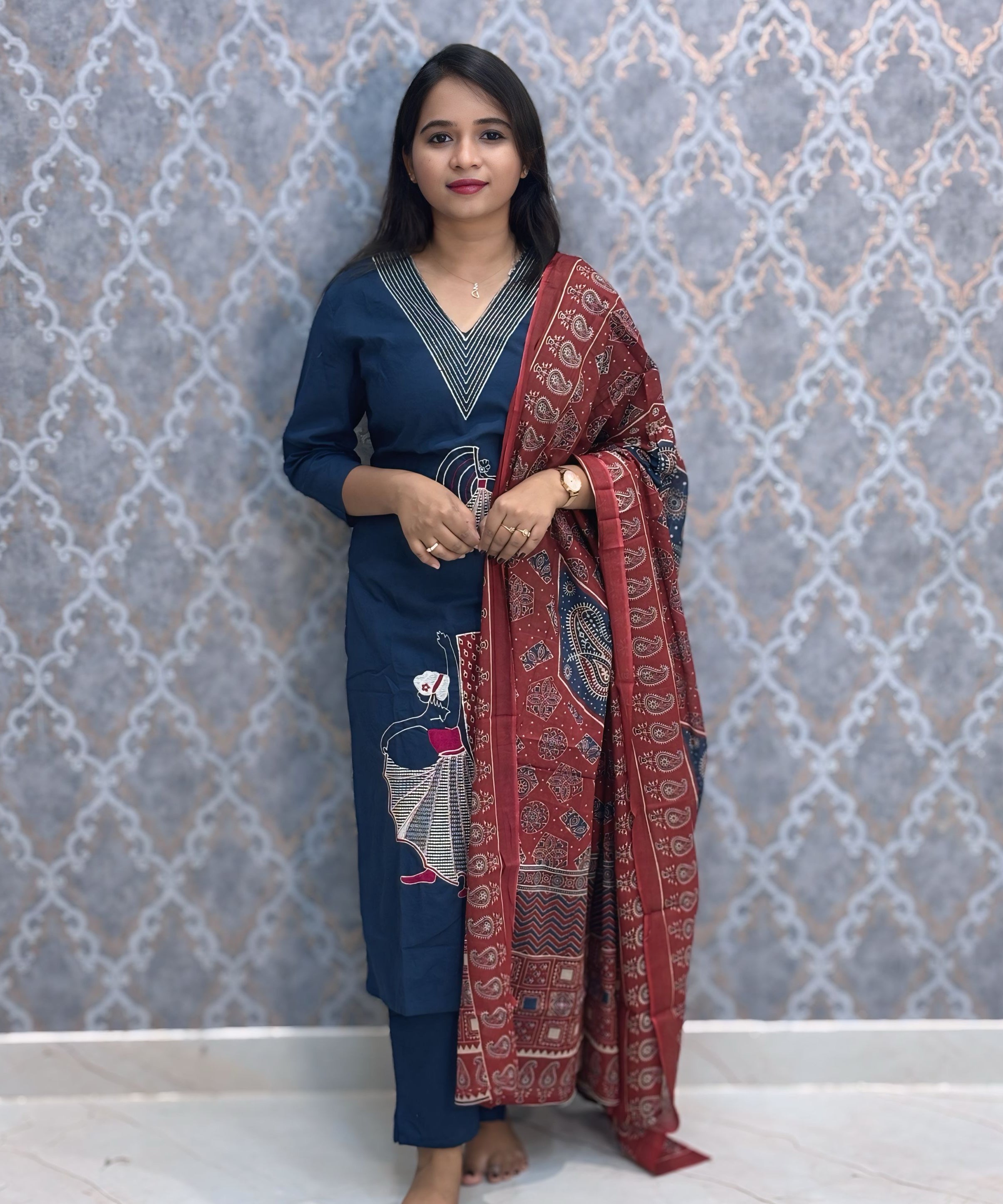 Blue Color V Neck Ajrakh Print Cotton 3 Piece Salwar Set with Pocket /  ESS369