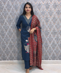 Blue Color V Neck Ajrakh Print Cotton 3 Piece Salwar Set with Pocket /  ESS369
