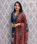 Blue Color V Neck Ajrakh Print Cotton 3 Piece Salwar Set with Pocket /  ESS369