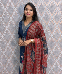 Blue Color V Neck Ajrakh Print Cotton 3 Piece Salwar Set with Pocket /  ESS369
