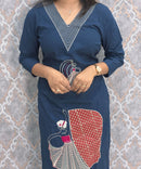 Blue Color V Neck Ajrakh Print Cotton 3 Piece Salwar Set with Pocket /  ESS369