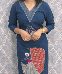 Blue Color V Neck Ajrakh Print Cotton 3 Piece Salwar Set with Pocket /  ESS369