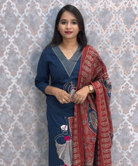 Blue Color V Neck Ajrakh Print Cotton 3 Piece Salwar Set with Pocket /  ESS369