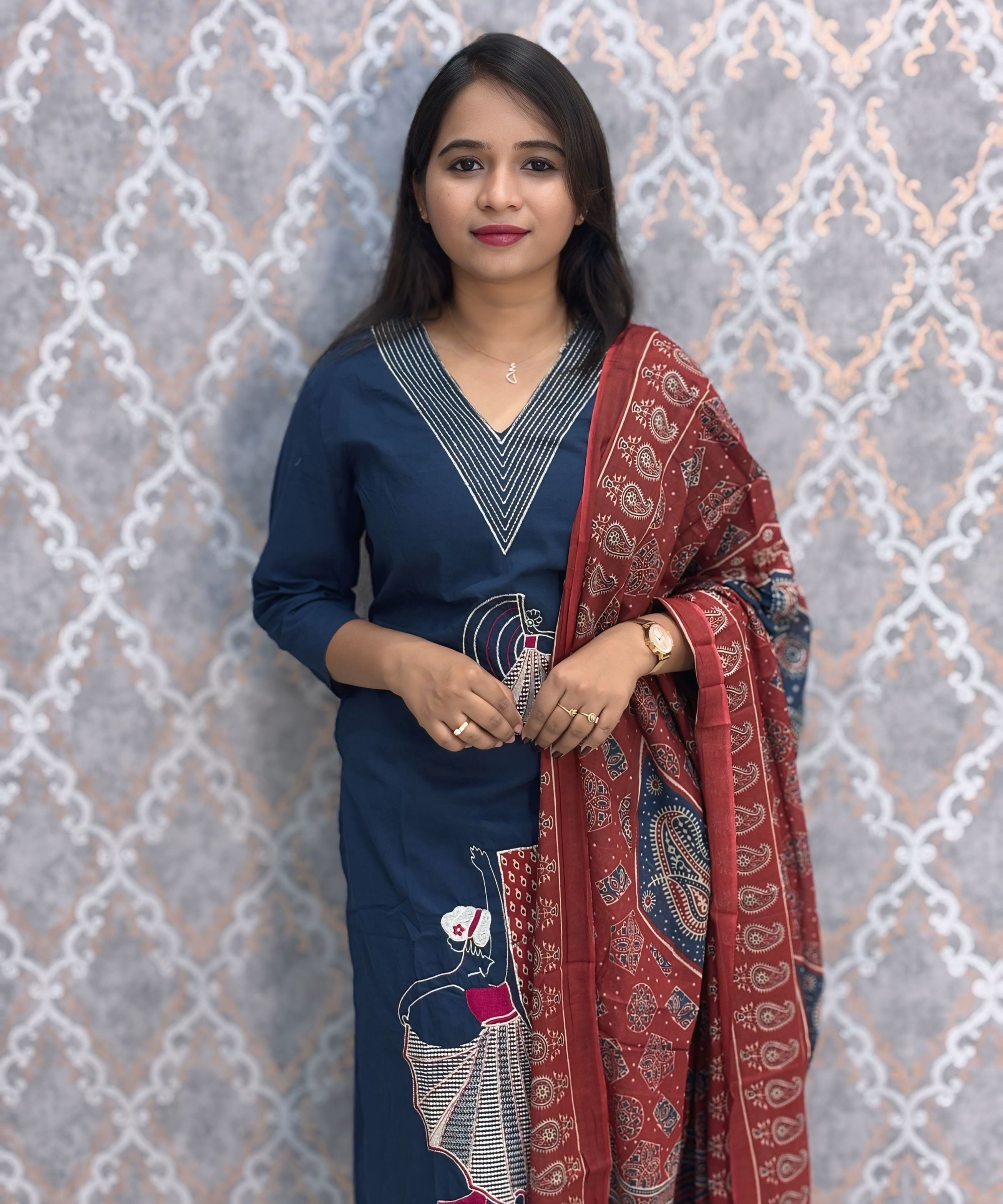 Blue Color V Neck Ajrakh Print Cotton 3 Piece Salwar Set with Pocket /  ESS369