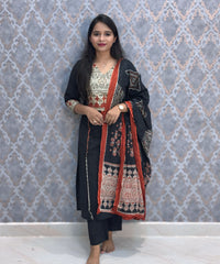 Black Color V Neck Ajrakh Print Cotton 3 Piece Salwar Set  /  ESS369