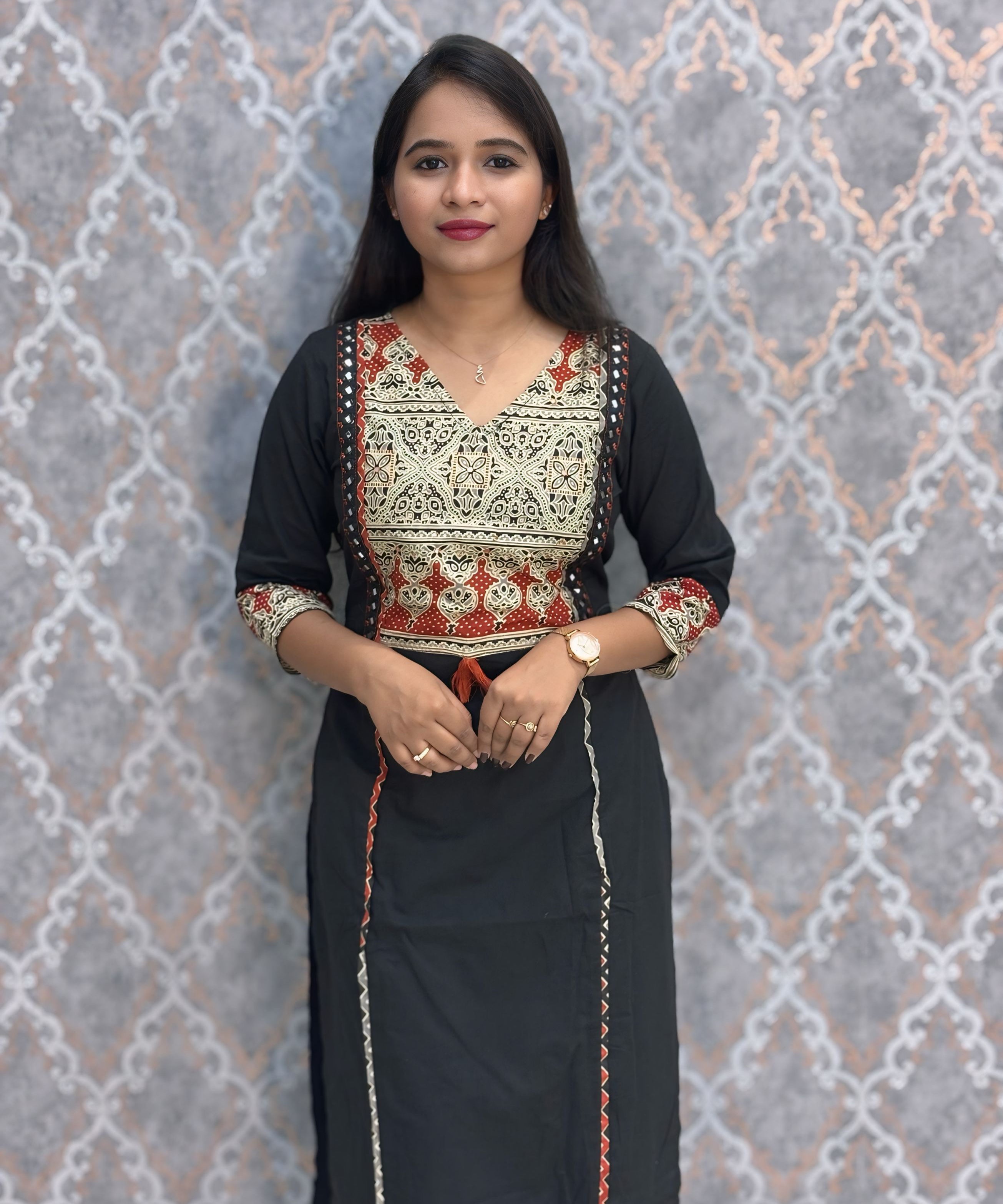 Black Color V Neck Ajrakh Print Cotton 3 Piece Salwar Set  /  ESS369