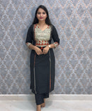 Black Color V Neck Ajrakh Print Cotton 3 Piece Salwar Set  /  ESS369
