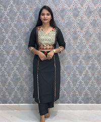 Black Color V Neck Ajrakh Print Cotton 3 Piece Salwar Set  /  ESS369