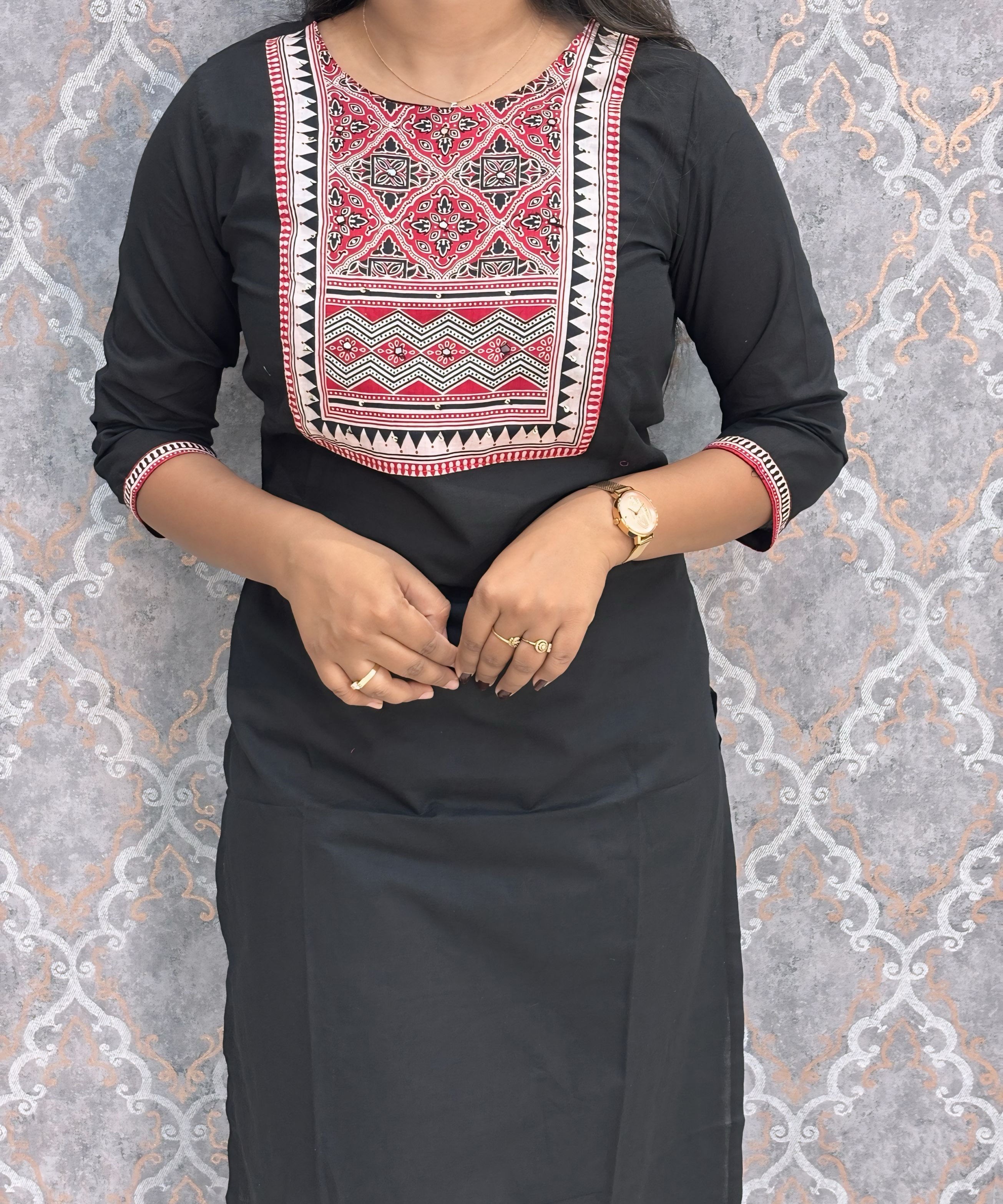 Black and Maroon Color Ajrakh Print Cotton 3 Piece Salwar Set  /  ESS369
