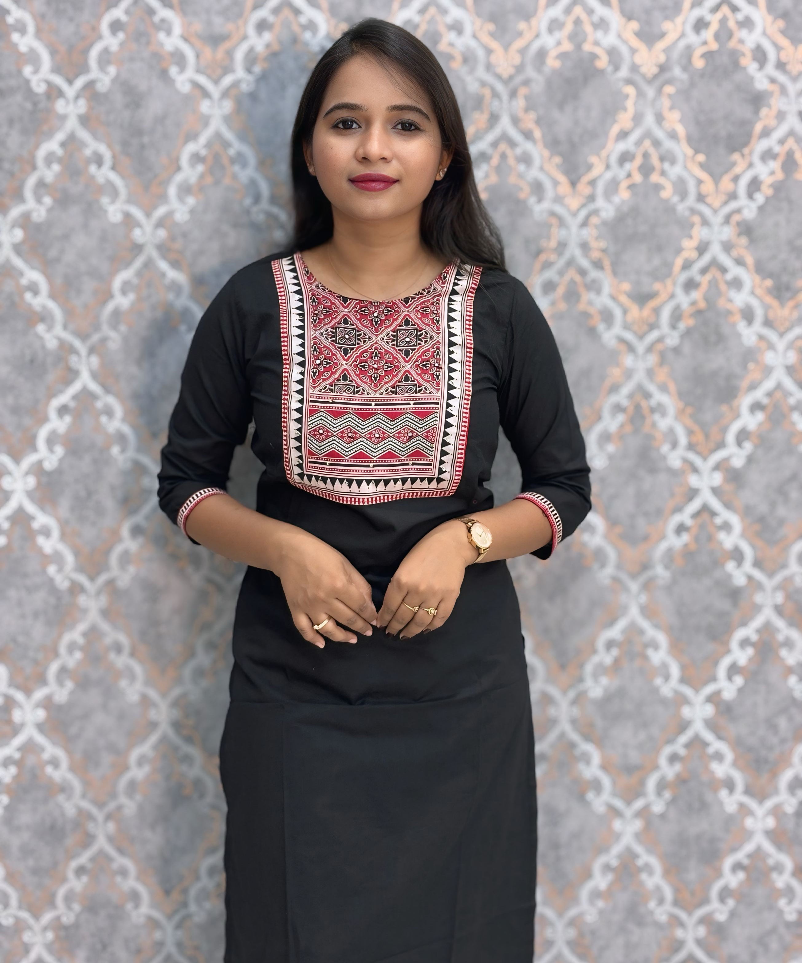 Black and Maroon Color Ajrakh Print Cotton 3 Piece Salwar Set  /  ESS369