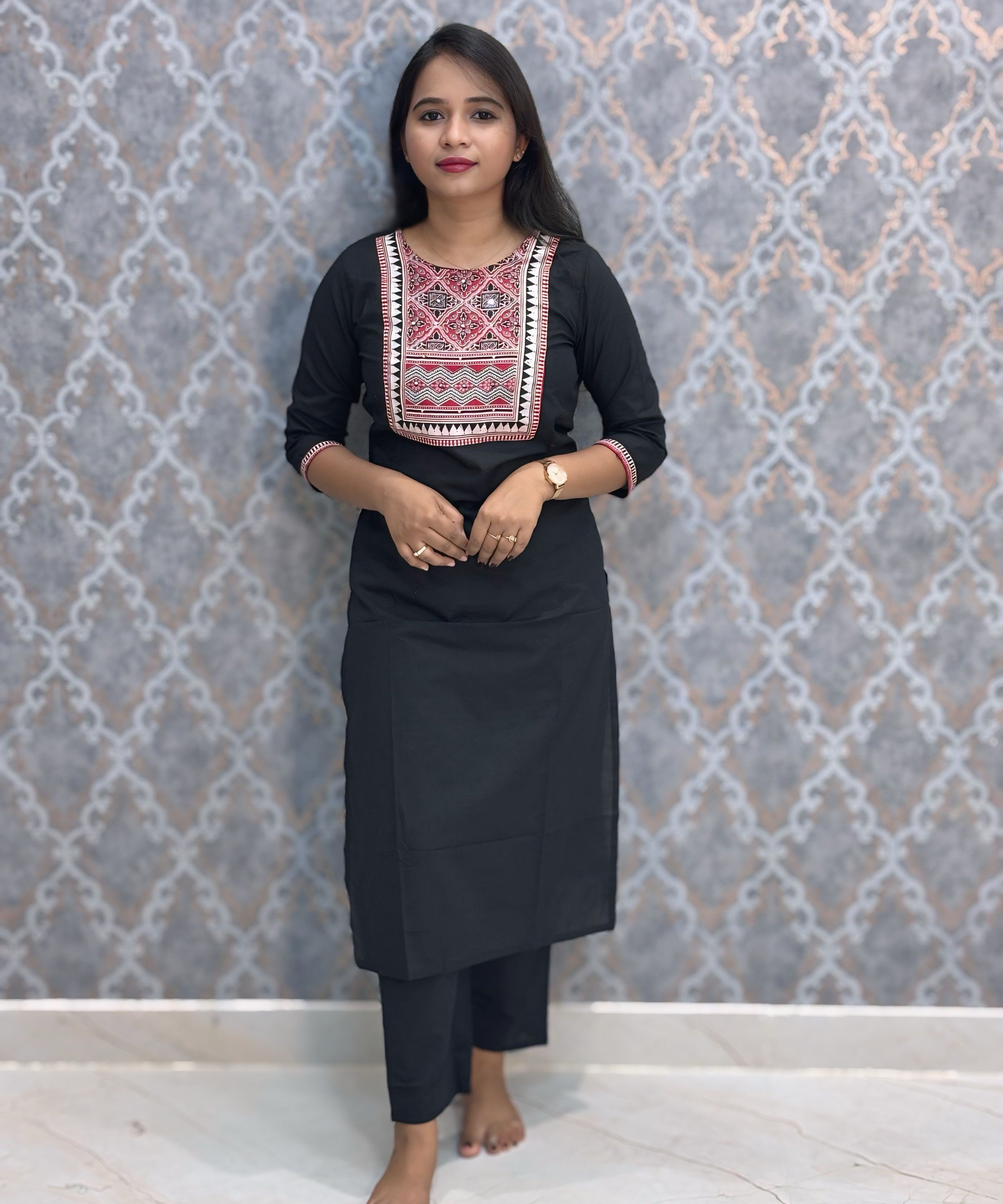 Black and Maroon Color Ajrakh Print Cotton 3 Piece Salwar Set  /  ESS369