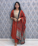 Rust Orange Color Ajrakh Print Cotton 3 Piece Salwar Set  /  ESS369