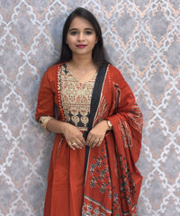 Rust Orange Color Ajrakh Print Cotton 3 Piece Salwar Set  /  ESS369