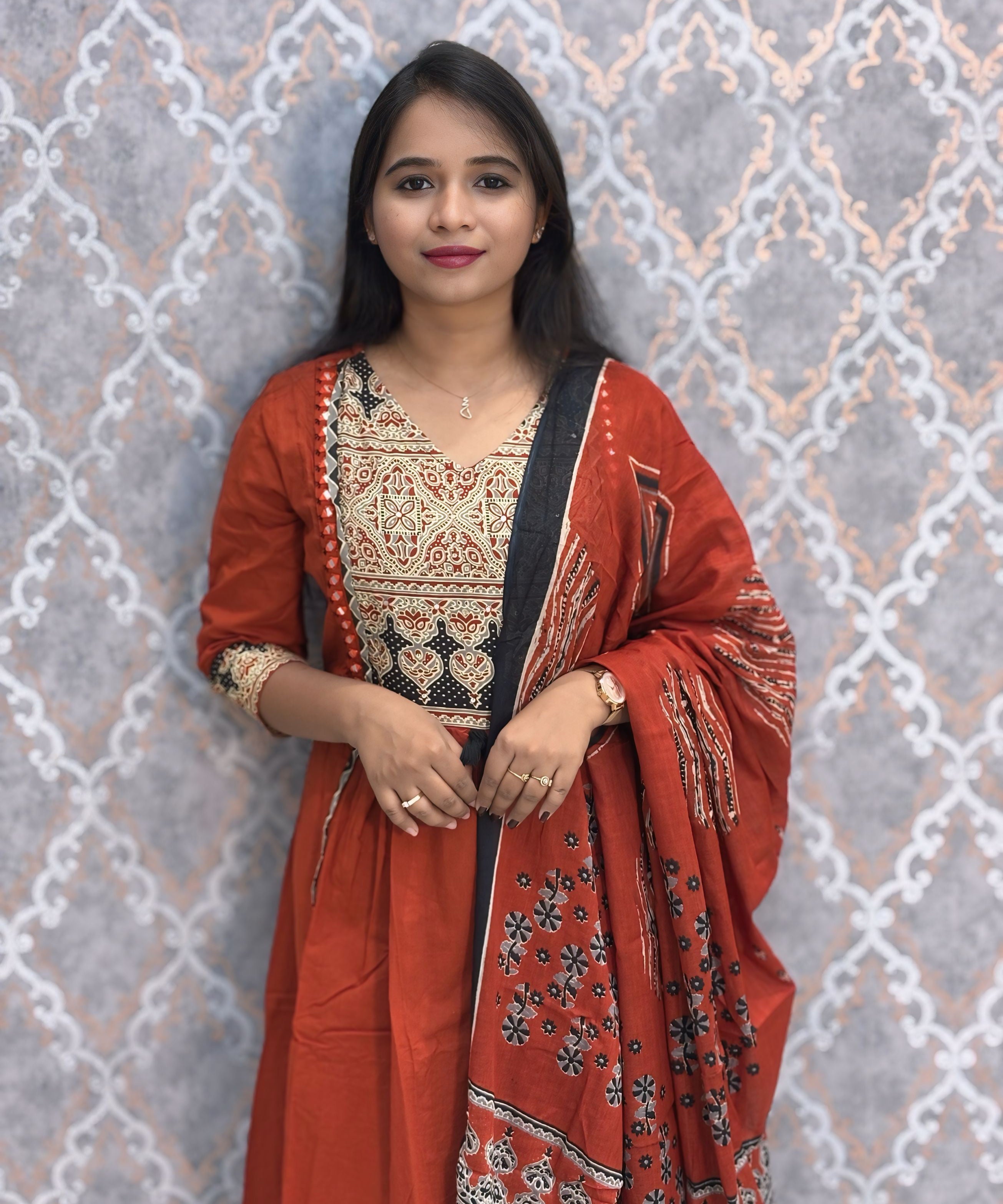 Rust Orange Color Ajrakh Print Cotton 3 Piece Salwar Set  /  ESS369