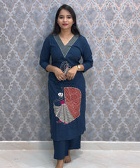 Blue Color V Neck Ajrakh Print Cotton 3 Piece Salwar Set with Pocket /  ESS369