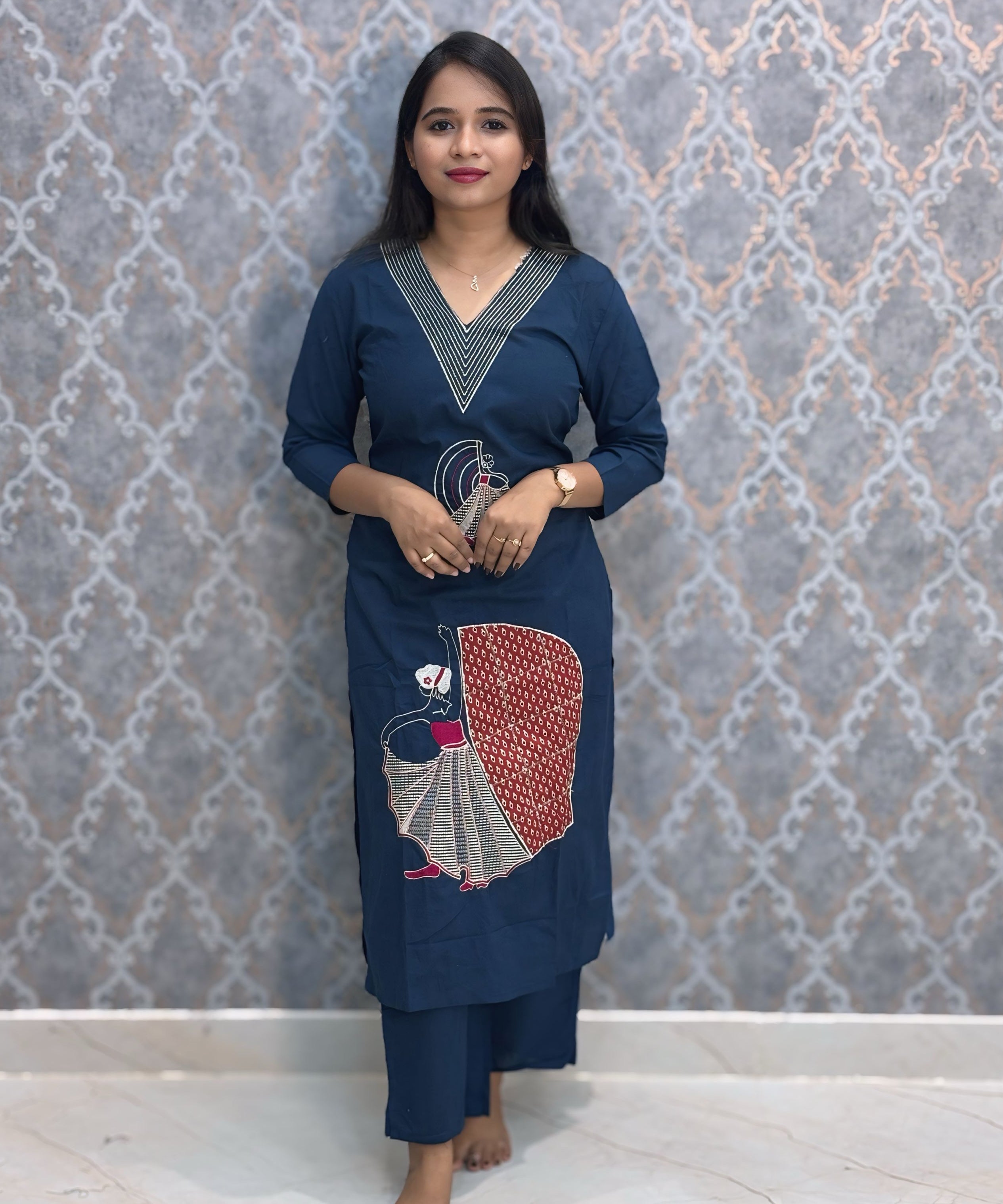 Blue Color V Neck Ajrakh Print Cotton 3 Piece Salwar Set with Pocket /  ESS369