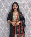 Black Color V Neck Ajrakh Print Cotton 3 Piece Salwar Set  /  ESS369