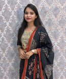 Black Color V Neck Ajrakh Print Cotton 3 Piece Salwar Set  /  ESS369