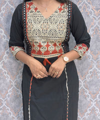 Black Color V Neck Ajrakh Print Cotton 3 Piece Salwar Set  /  ESS369