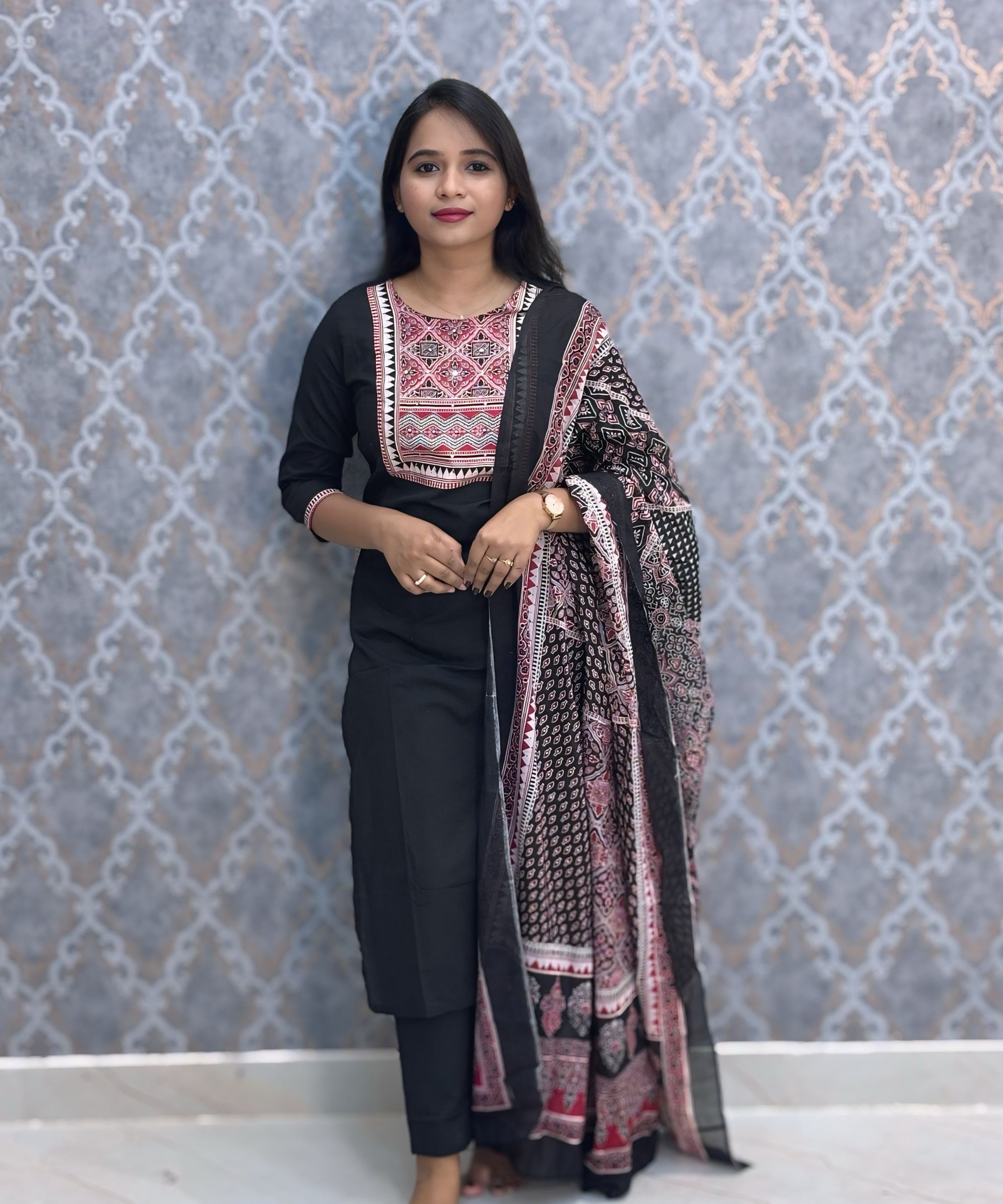 Black and Maroon Color Ajrakh Print Cotton 3 Piece Salwar Set  /  ESS369
