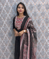 Black and Maroon Color Ajrakh Print Cotton 3 Piece Salwar Set  /  ESS369