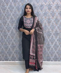 Black Color Ajrakh Print Cotton 3 Piece Salwar Set  /  ESS369
