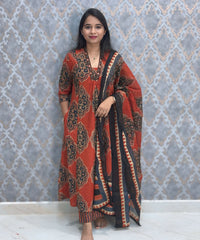 Rust Orange and Navy Color Ajrakh Print Cotton 3 Piece Salwar Set with Pocket /  ESS373