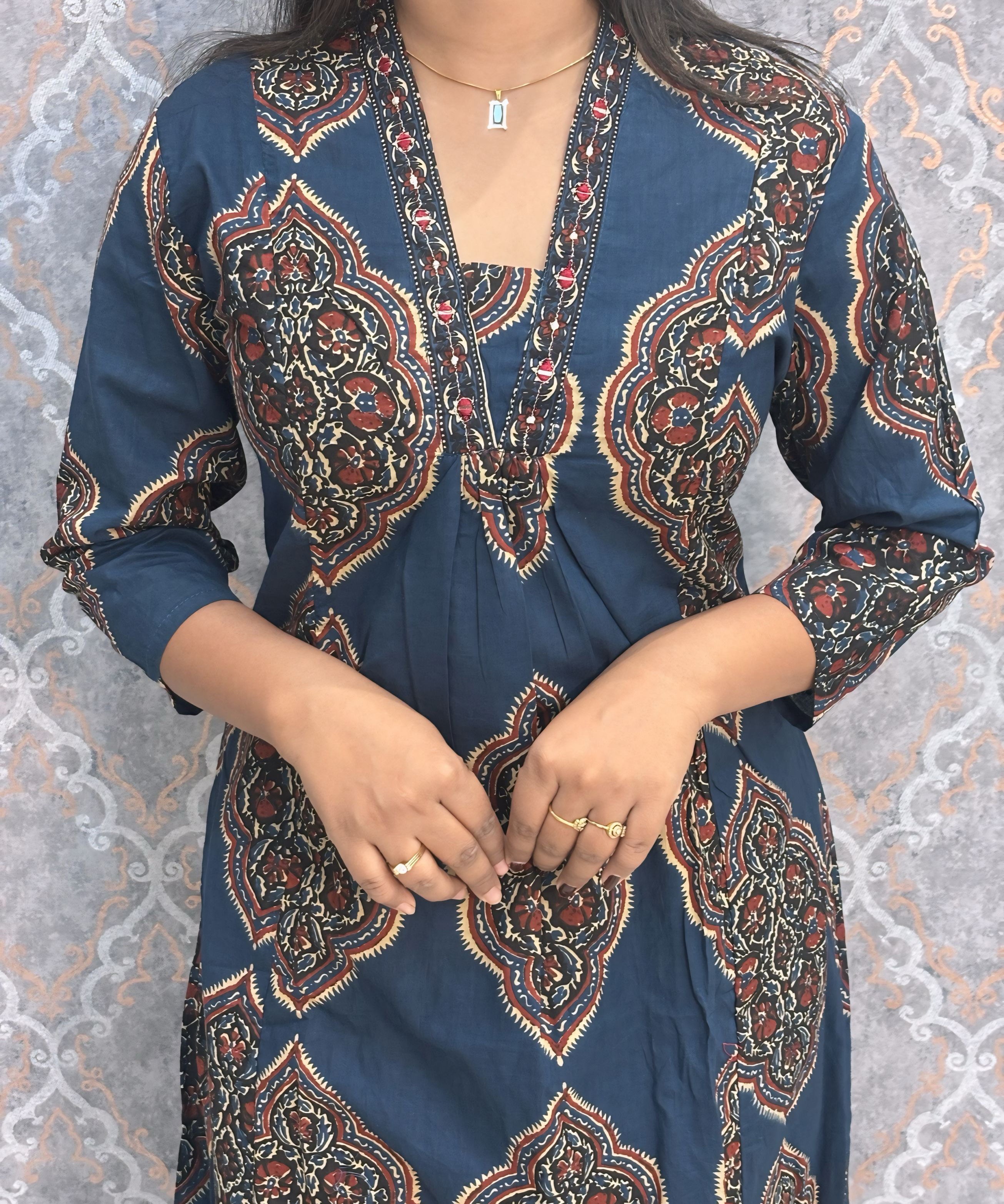 Navy and Maroon Color Ajrakh Print Cotton 3 Piece Salwar Set with Pocket /  ESS373