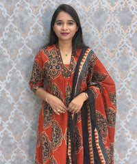 Rust Orange and Navy Color Ajrakh Print Cotton 3 Piece Salwar Set with Pocket /  ESS373