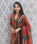 Rust Orange and Navy Color Ajrakh Print Cotton 3 Piece Salwar Set with Pocket /  ESS373