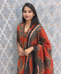 Rust Orange and Navy Color Ajrakh Print Cotton 3 Piece Salwar Set with Pocket /  ESS373