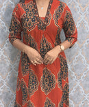 Rust Orange and Navy Color Ajrakh Print Cotton 3 Piece Salwar Set with Pocket /  ESS373