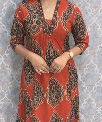 Rust Orange and Navy Color Ajrakh Print Cotton 3 Piece Salwar Set with Pocket /  ESS373