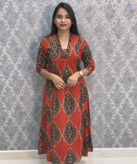 Rust Orange and Navy Color Ajrakh Print Cotton 3 Piece Salwar Set with Pocket /  ESS373