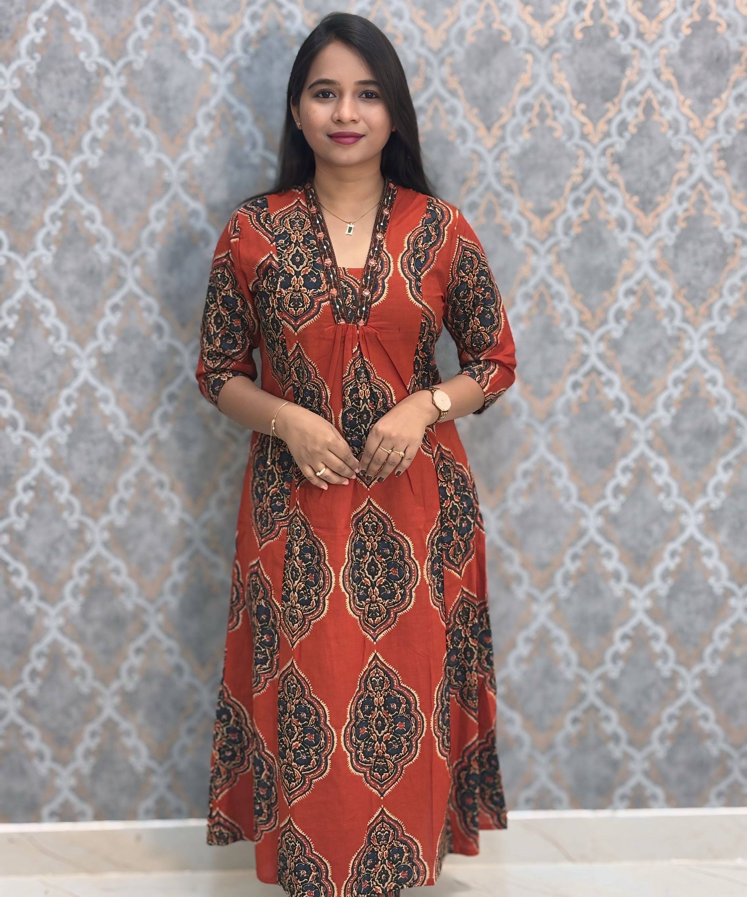 Rust Orange and Navy Color Ajrakh Print Cotton 3 Piece Salwar Set with Pocket /  ESS373