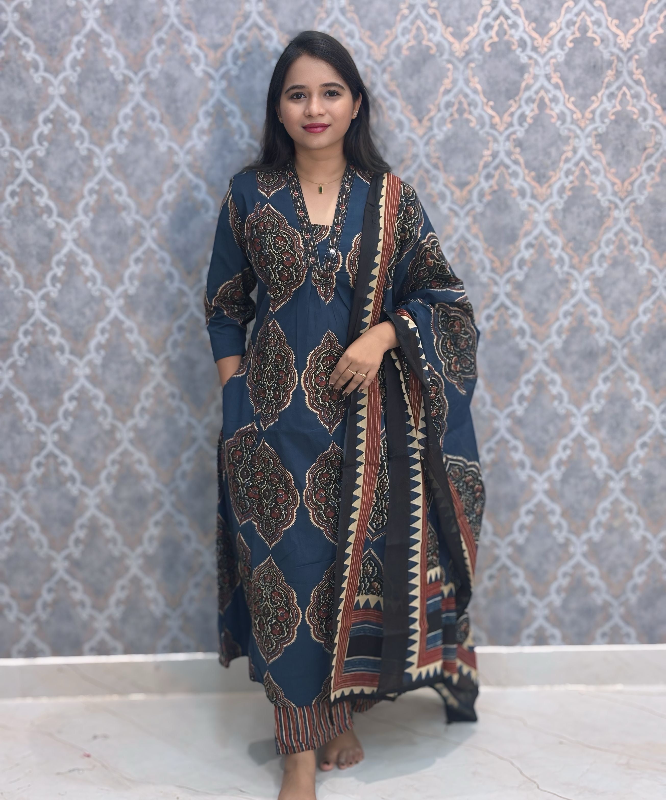 Navy and Maroon Color Ajrakh Print Cotton 3 Piece Salwar Set with Pocket /  ESS373