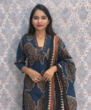 Navy and Maroon Color Ajrakh Print Cotton 3 Piece Salwar Set with Pocket /  ESS373