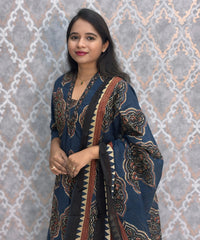 Navy and Maroon Color Ajrakh Print Cotton 3 Piece Salwar Set with Pocket /  ESS373