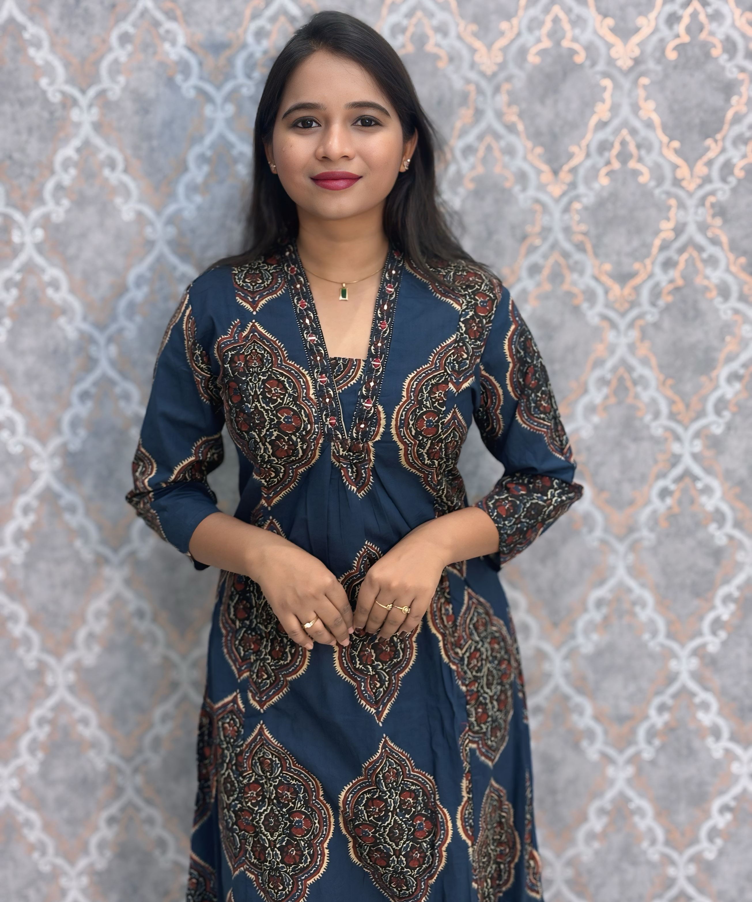 Navy and Maroon Color Ajrakh Print Cotton 3 Piece Salwar Set with Pocket /  ESS373