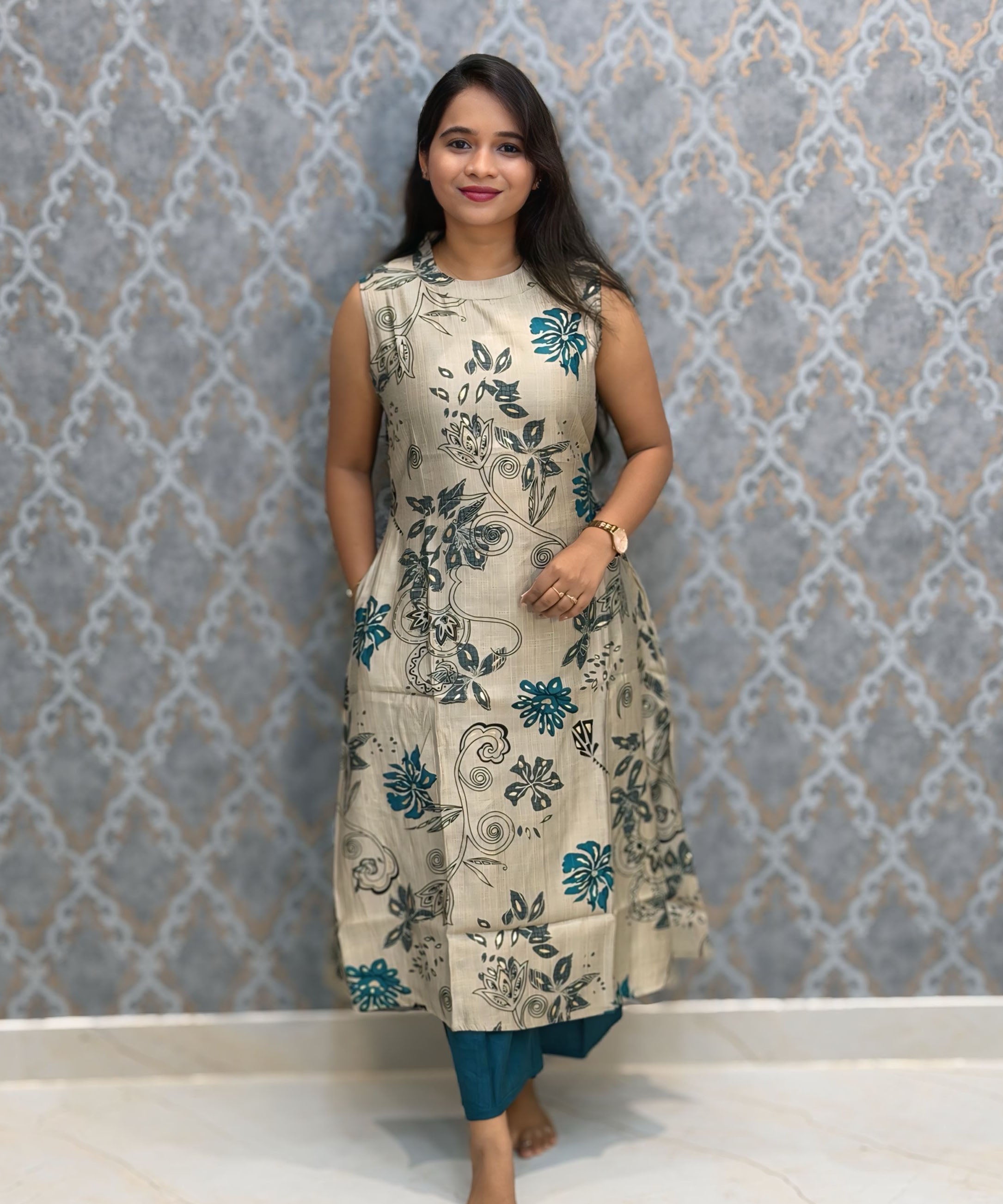 Beige and Rama Green Color Aline Umbrella Type Premium Vatican Silk Coord Set with Sleeves / ESS418