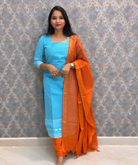 Aqua Blue and Burnt Orange Premium Handloom Cotton 3 Piece Salwar Set / HL006