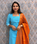Aqua Blue and Burnt Orange Premium Handloom Cotton 3 Piece Salwar Set / HL006