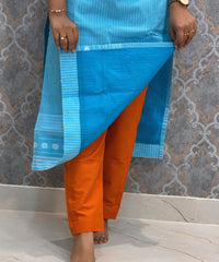Aqua Blue and Burnt Orange Premium Handloom Cotton 3 Piece Salwar Set / HL006