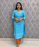 Aqua Blue and Burnt Orange Premium Handloom Cotton 3 Piece Salwar Set / HL006