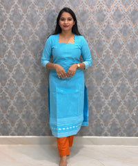 Aqua Blue and Burnt Orange Premium Handloom Cotton 3 Piece Salwar Set / HL006