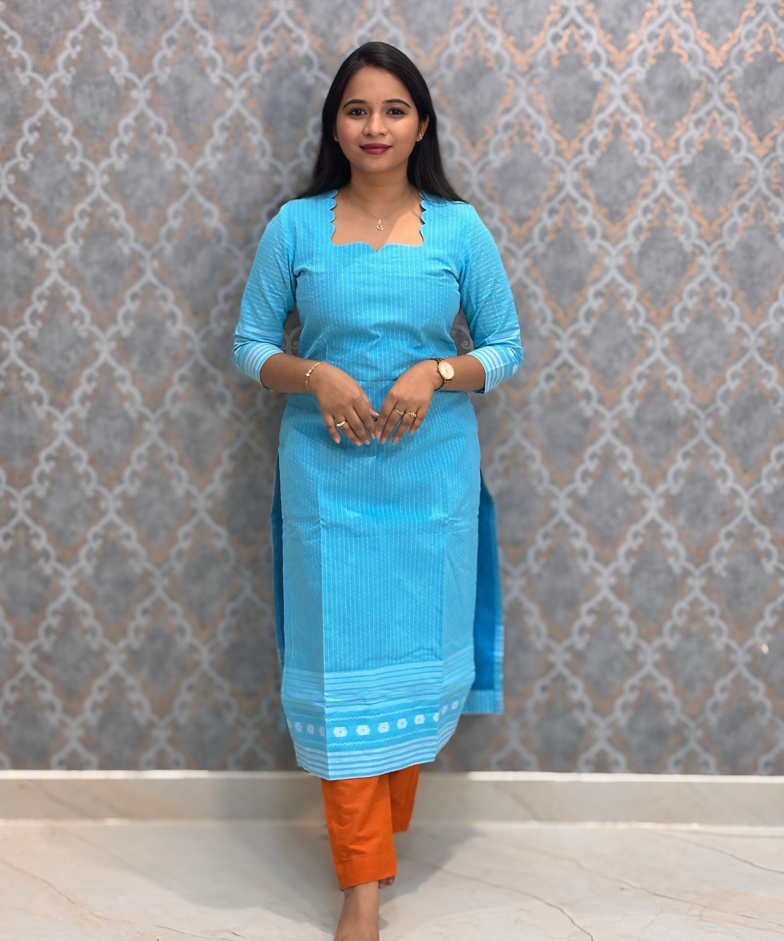 Aqua Blue and Burnt Orange Premium Handloom Cotton 3 Piece Salwar Set / HL006