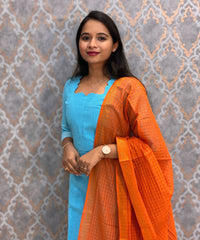 Aqua Blue and Burnt Orange Premium Handloom Cotton 3 Piece Salwar Set / HL006
