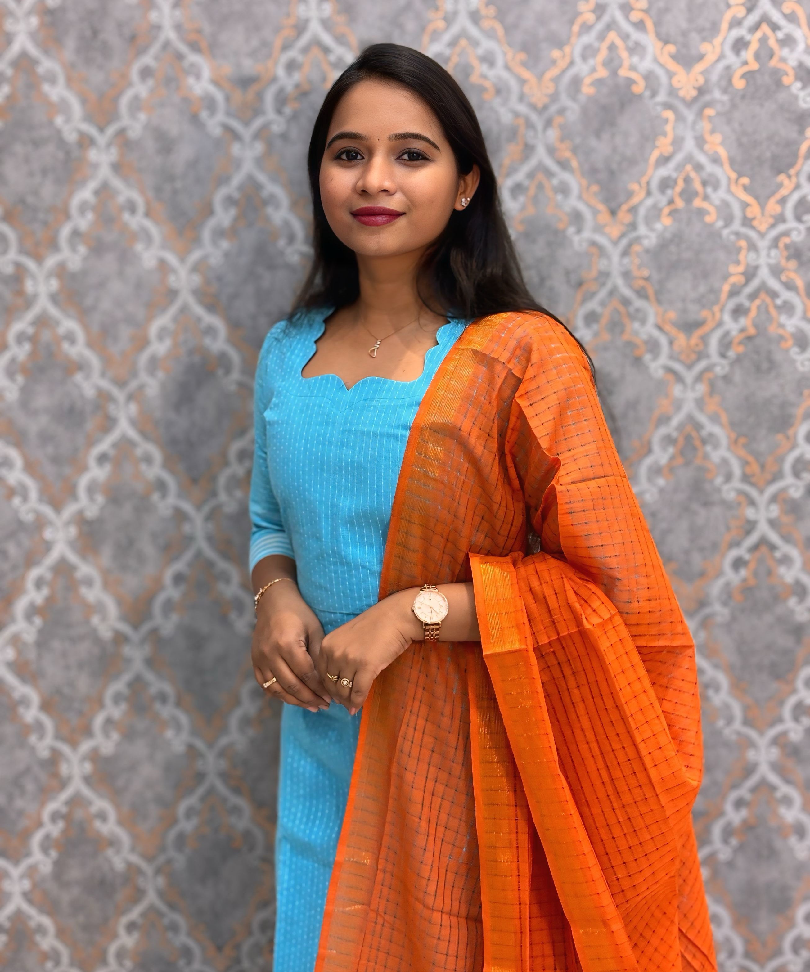 Aqua Blue and Burnt Orange Premium Handloom Cotton 3 Piece Salwar Set / HL006