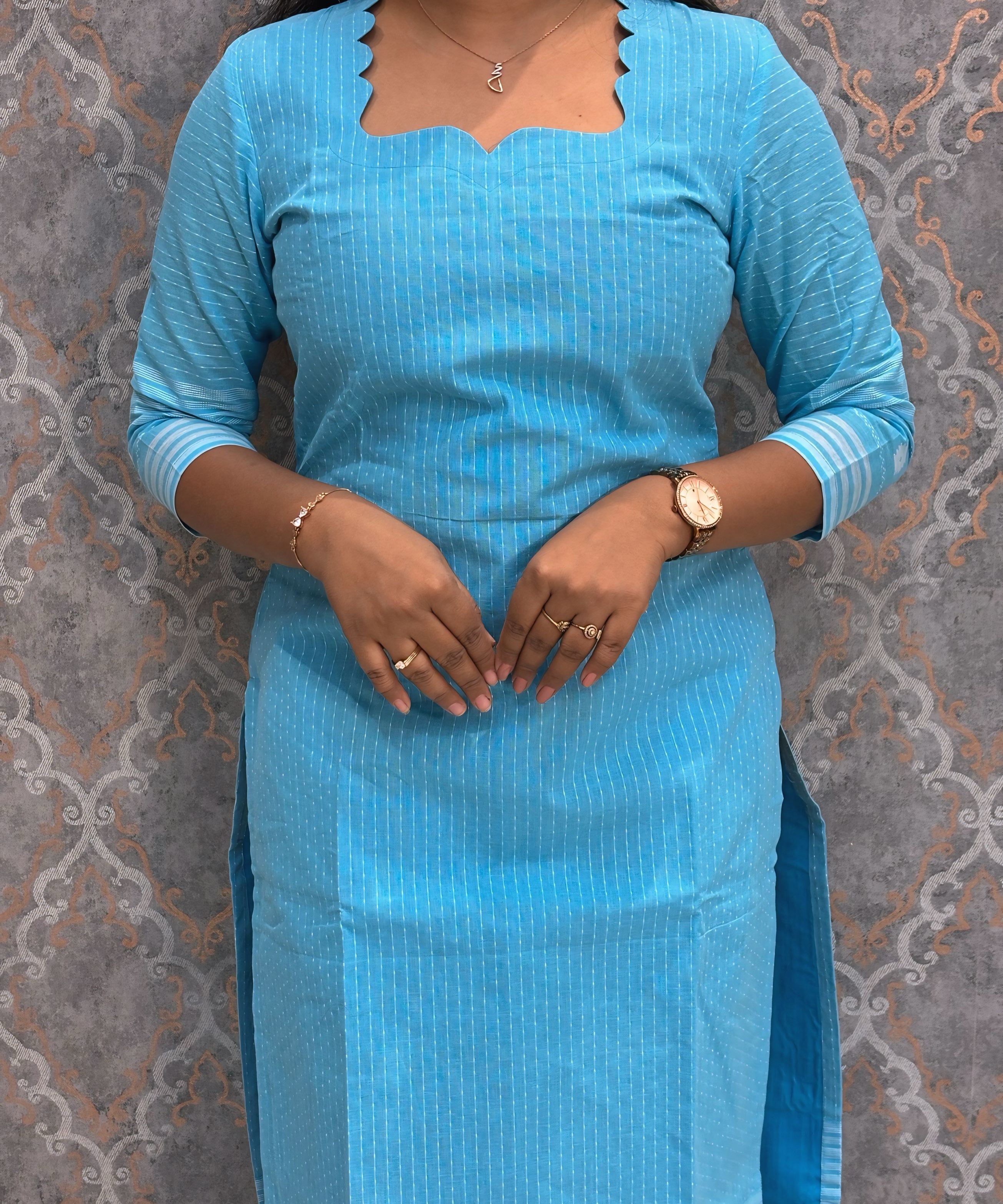 Aqua Blue and Burnt Orange Premium Handloom Cotton 3 Piece Salwar Set / HL006