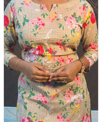 Beige Color Kantha Cotton Floral Kurti / RCC158